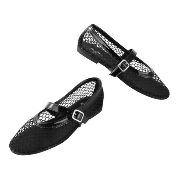 Aurielle Black Mesh Mary Jane Flats with Buckle Strap - Picture 3 of 5